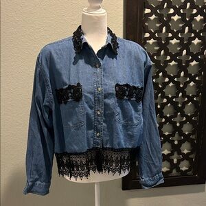 Upper West Side Denim Shirt with Black Lace Accents